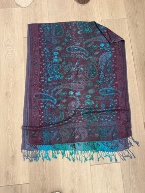 Paisley Fringe Scarf/pashmina in Teal & Plum